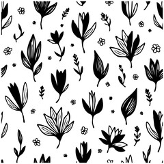 Delicate Floral Vector Pattern: Hand-Drawn Botanical Elements on White Backdrop