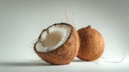 Three coconuts, one halved to reveal the white flesh, rest on a clean white background, showcasing their tropical texture and freshness.

