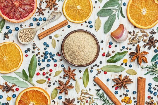 A flat lay of various spices and herbs on an old wooden table, including cumin powder in one bowl, paprika loose on another spoon, cinnamon sticks, star anise, garlic clove.