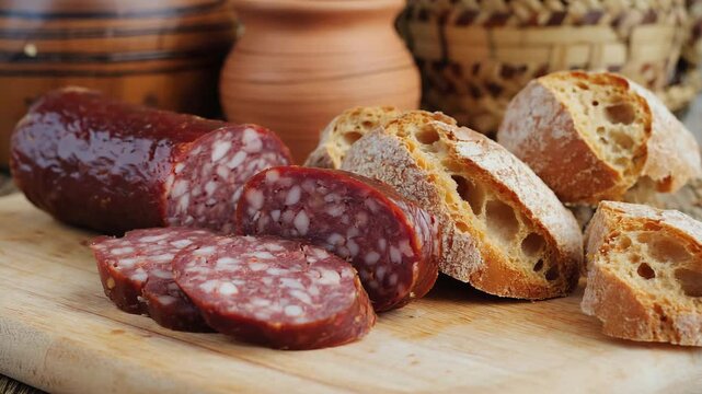 Lukanka, close-up of a thick, sliced piece of lukanka sausage with bread, vibrant Balkan-style kitchen, natural lighting and rustic charm 
