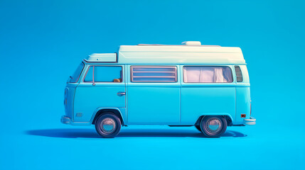 Minimalist image of a retro van placed on a clean blue background, evoking a nostalgic and playful travel vibe.

