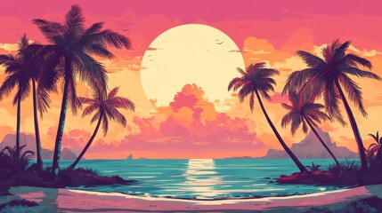 Tropical Sunset Beach  Palm Trees  Ocean  Summer Vacation