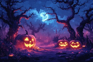 Fototapeta premium Spooky Halloween pumpkins forest night scene