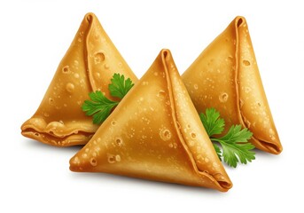 Three samosas with parsley isolated on white background