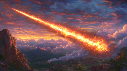 Fiery meteor streaking across a dramatic sunset sky, illuminating a mountainous landscape.  A breathtaking scene of celestial fire and earthly grandeur.