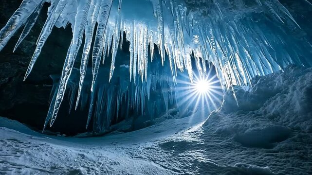 Sunlight pierces the icy cave: a mesmerizing glacial grotto with crystalline icicles