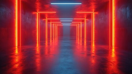 Naklejka premium Neon Lights Corridor: Red and Blue Glowing Passageway