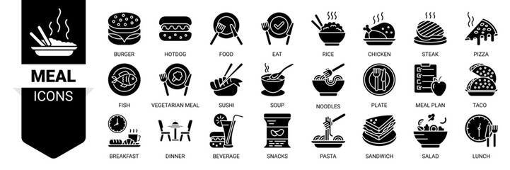 Meal icon set. Vector illustration concept with icon of food, lunch, eat, dinner, pasta, rice, pizza, salad, soup, breakfast and more icons. Solid black color symbol background.
