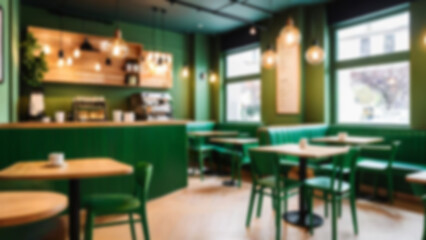 blur restaurant, with many tables and chairs. This restaurant has a green color theme, wallpaper, blur cafe background