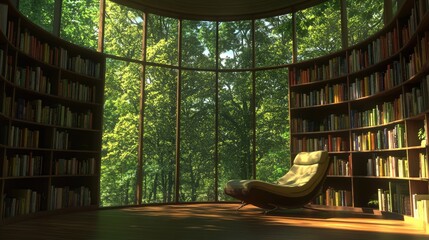 A quiet hideaway filled with wall bookshelves and a curved Mid-Century Modern lounge chair.