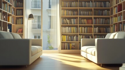 Calm and organized reading area with twin couches and bookshelves wrapping around.