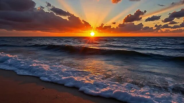 A cascade of molten gold spills across the ocean as the sun nears its watery embrace. The air is thick with the scent of salt and the promise of twilight