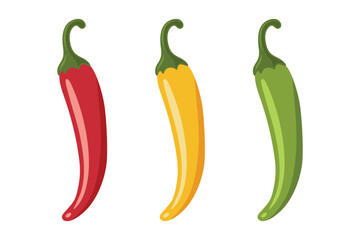 Chili Peppers Vector Set, Isolated. Red, Yellow, Green Hot Peppers, Spicy Food Ingredients, Mexican Cuisine, Fresh Organic Vegetables. Vector Illustration for Food Design