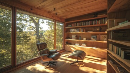 Naklejka premium Open concept reading space with vintage shelving and a single iconic Mid-Century chair.