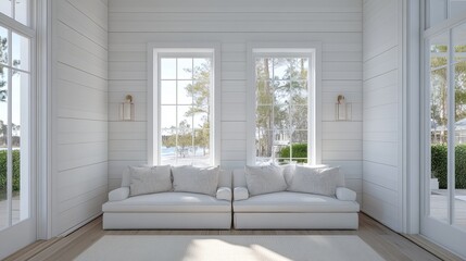 Open family reading space with twin couches, soft decor, and white walls.
