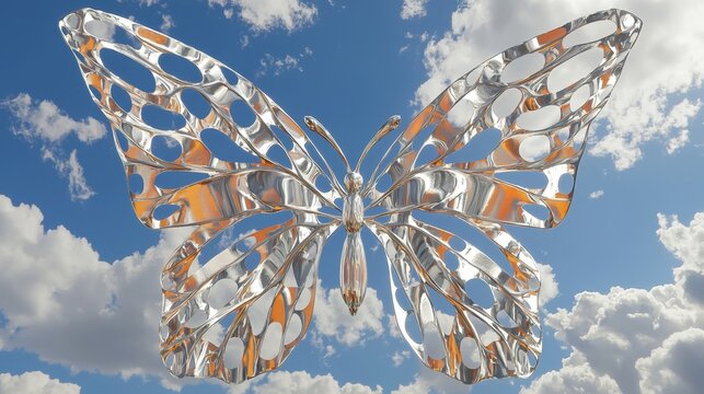 Stunning Silver Butterfly Sculpture Against a Bright Blue Sky with Fluffy Clouds Capturing Nature’s Beauty and Elegance - Powered by Adobe