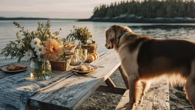 Golden retriever looks longingly at a rustic outdoor picnic table set with pastries, flowers, and pumpkins, near a tranquil coastal scene at sunset. 