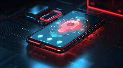 A smartphone with a red and blue glowing lock icon on its screen, set against a dark, futuristic background with glowing red and blue lights.