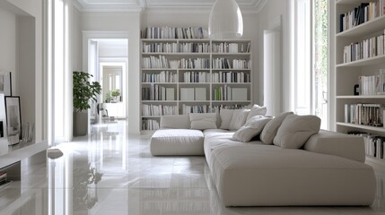 Simple and clean home library design with face-to-face sofas in calming colors.