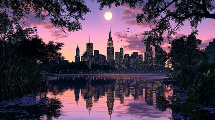 Serene Evening Reflection of New York City Skyline Under Full Moon with Vibrant Sunset Colors