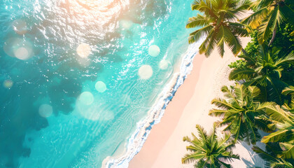 Aerial View of Tropical Beach Turquoise Water White Sand Palm Trees