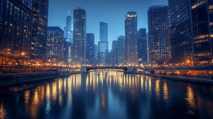 Obraz premium Stunning Urban Skyline at Dusk with Light Reflections on Water in a Vibrant City Atmosphere