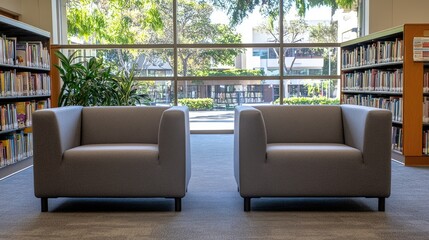 Twin gray couches set for reading discussions in a light-filled modern library.