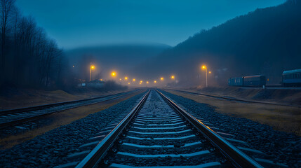 Fototapeta premium Mystical train tracks vanish into the twilight, illuminated by distant lights under a dark blue sky. A sense of mystery and journey unfolds.