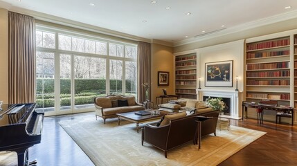 Two couches in a home library, soft tones throughout and open shelving on every wall.