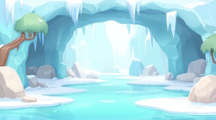 A serene icy cave scene featuring turquoise water, ice formations, and snow, surrounded by stylized rocks and trees.