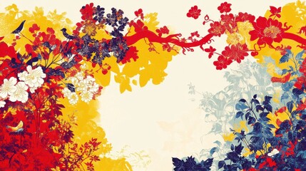 Obraz premium Vibrant Floral Branch with Birds Red Yellow Blue Flowers Artistic Botanical Print