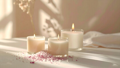 Tranquil Spa Setting Lit Candles Pink Himalayan Salt Soft Light