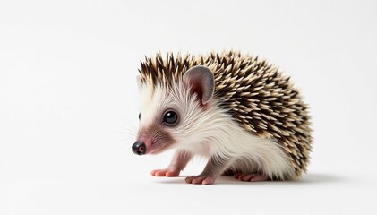 Naklejka premium Tiny hedgehog on pure white background, curled in ball , image, macro photography, small