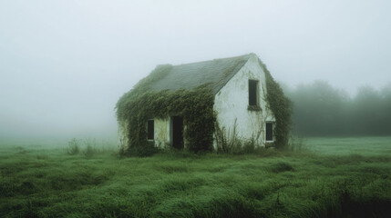 Obraz premium White Cottage Overgrown with Green Plants in Foggy Landscape.