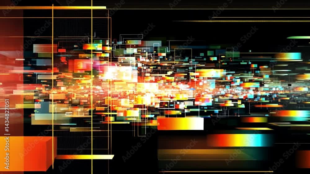 Poster vibrant abstract digital background with colorful geometric shapes and lines, showcasing movement an