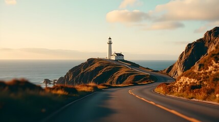 A road leading towards a lighthouse on the coast