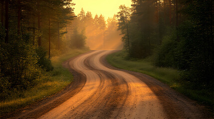 Obraz premium Serene sunset illuminates a winding dirt road through a tranquil forest, casting a warm golden glow. Peaceful nature scene.