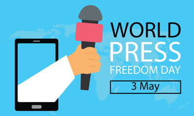 illustration vector graphic of hands out of smartphone, displaying world map, perfect for international day, world press freedom day, celebrate, greeting card, etc.