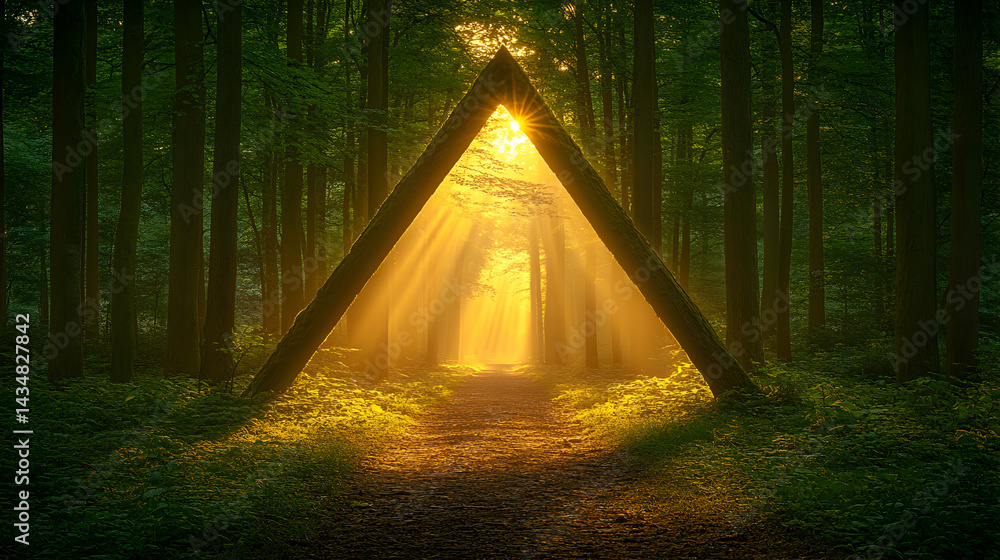 Poster magical sunbeams illuminate a forest path framed by a triangular wooden structure, creating a mystic