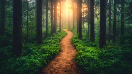 Obraz premium Serene forest path at sunrise, sunbeams filtering through trees, winding trail through lush greenery.