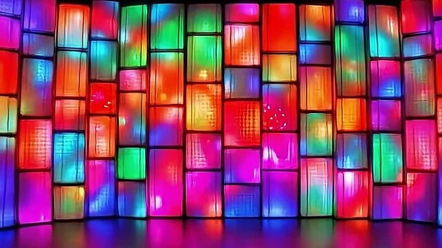 A dynamic backdrop constructed from modular LED panels creates a mesmerizing display. The panels, arranged in a staggered, asymmetrical pattern, pulse with synchronized waves of vibrant color