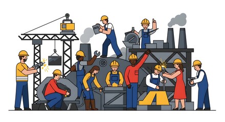 Obraz premium Factory Workers Manufacturing Production Line: Diverse Team Assembling Products