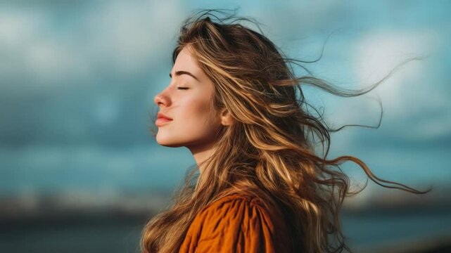 Windswept Freedom:  A young woman stands with eyes closed, feeling the wind caress her face and whip her hair into a frenzy of movement. The image captures a sense of serenity, freedom.