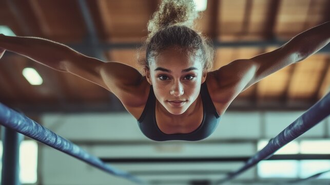 A young gymnast performs a demanding strength training exercise on parallel bars.