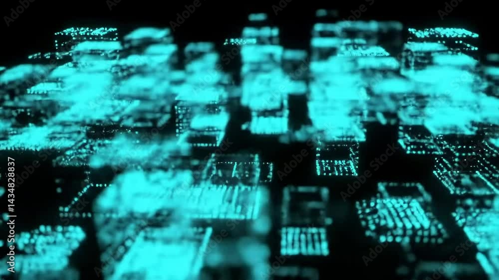 Poster abstract digital landscape of flowing neon blue and green light patterns representing data visualiza