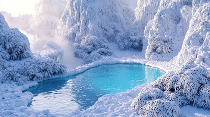 Serene Winter Scene with a Snow-Covered Pool Surrounded by Frosty Trees and Mist in a Majestic Natural Landscape