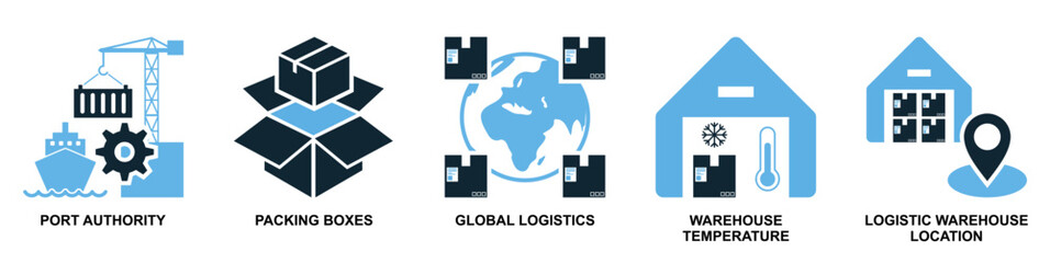Set of logistics icon vector for comprehensive supply chain, transportation, and distribution elements. Ideal for export import, global trade, and logistics operations illustration.