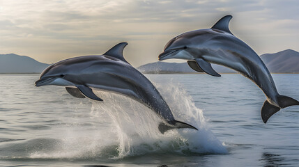 Fototapeta premium Two dolphins leaping out of the water with mountains in the background.