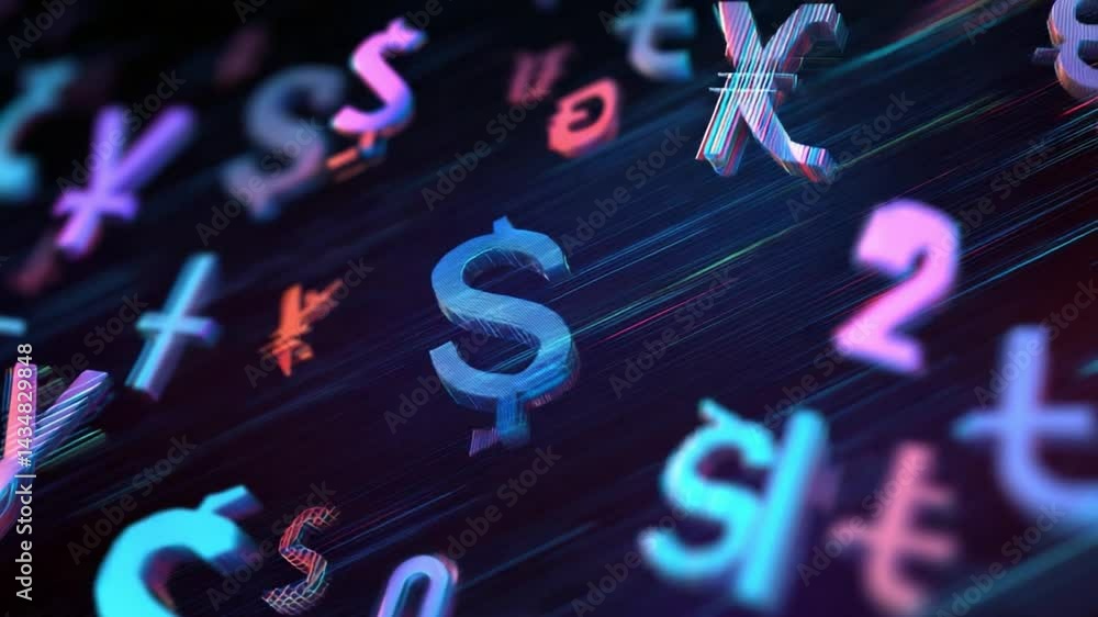 Poster digital currency explosion: a dynamic display of global currency symbols, illuminating the ever-evol