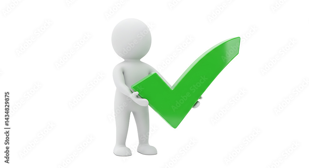 Poster white figure holding a green check mark in front of a black background in a digital rendering